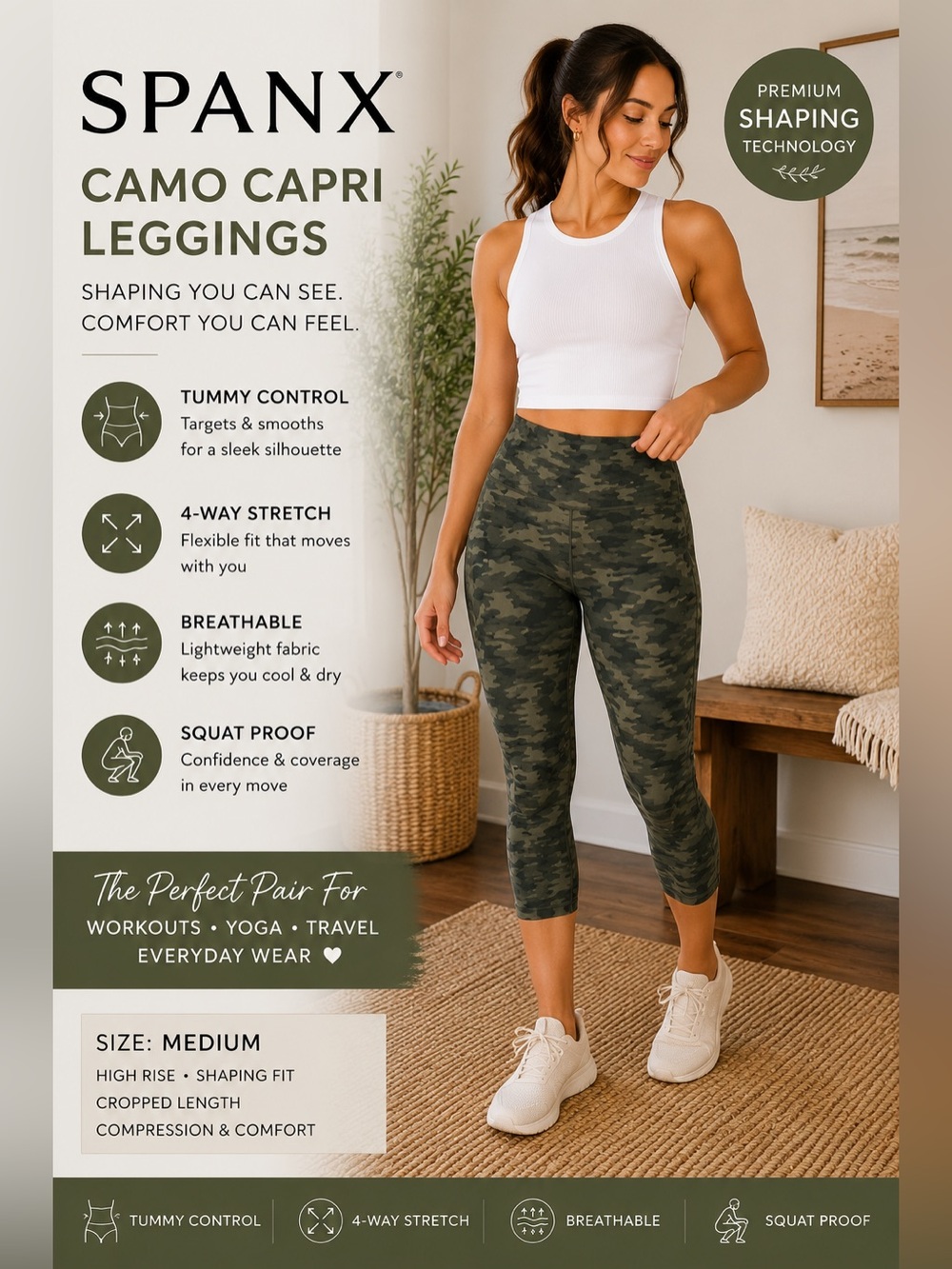 Spanx Camo Crop Leggings Medium Olive Green High Rise Compression Pants